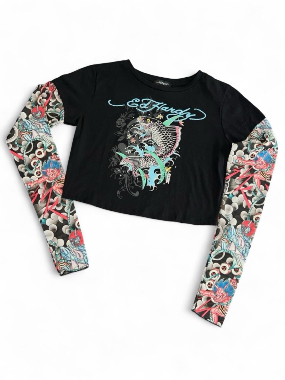 Ed Hardy Koi Fish Tattoo Mesh Sheer Sleeve Crop Baby Tee Medium